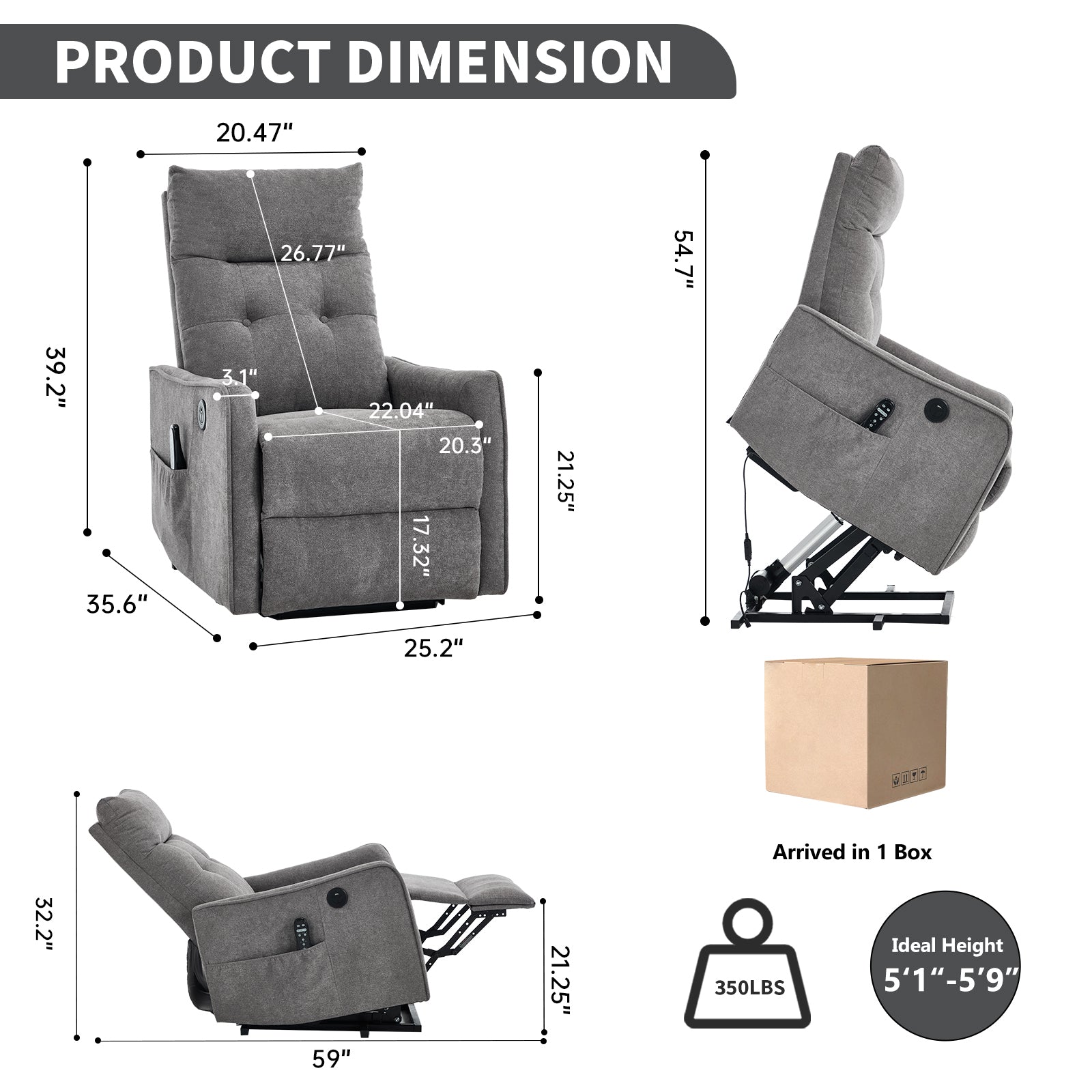 Light Grey Chenille Single Motor Power Lift Recliner Chair with Massage and Heat for Elderly - Light Gray - detail view 2