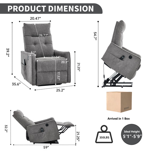 Light Grey Chenille Single Motor Power Lift Recliner Chair with Massage and Heat for Elderly - Light Gray - detail view 2