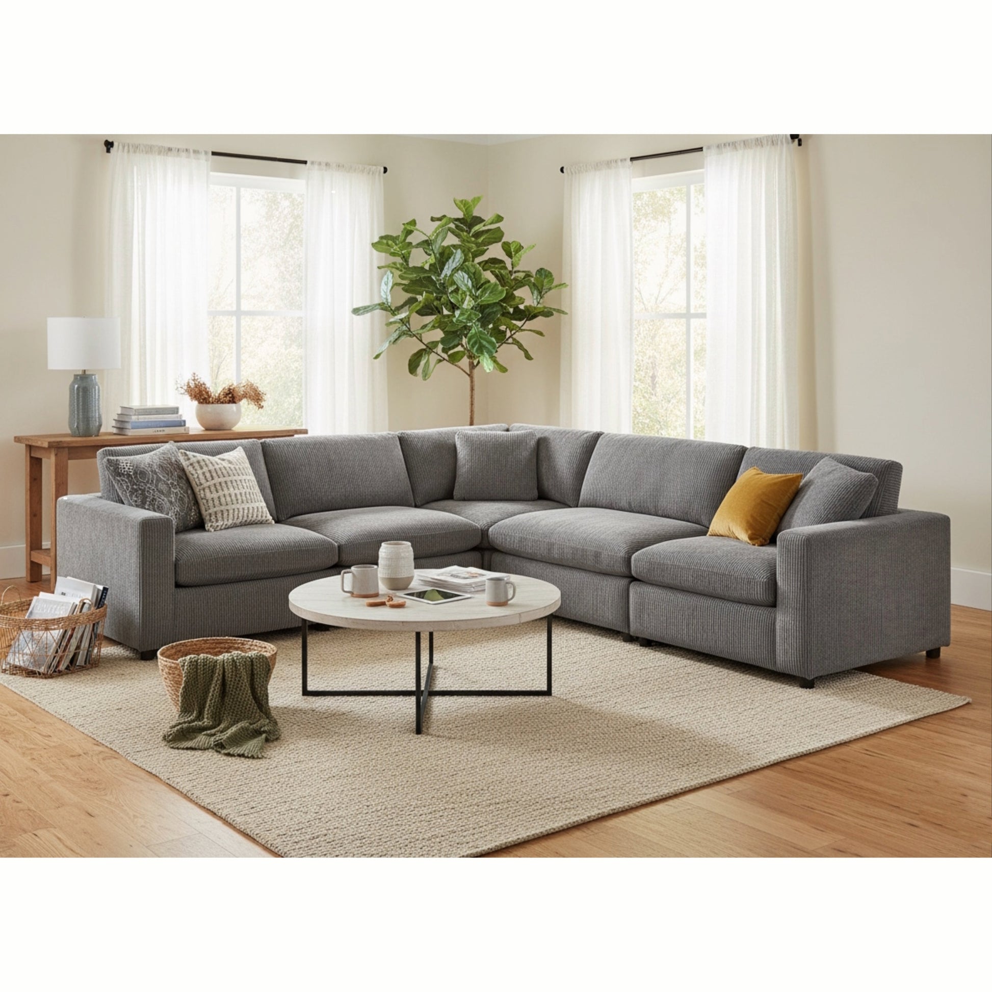 Chelsea Modular 5-Piece Sectional in Charcoal with Plush Polyester Upholstery and Removable Wood Legs - detail view 5