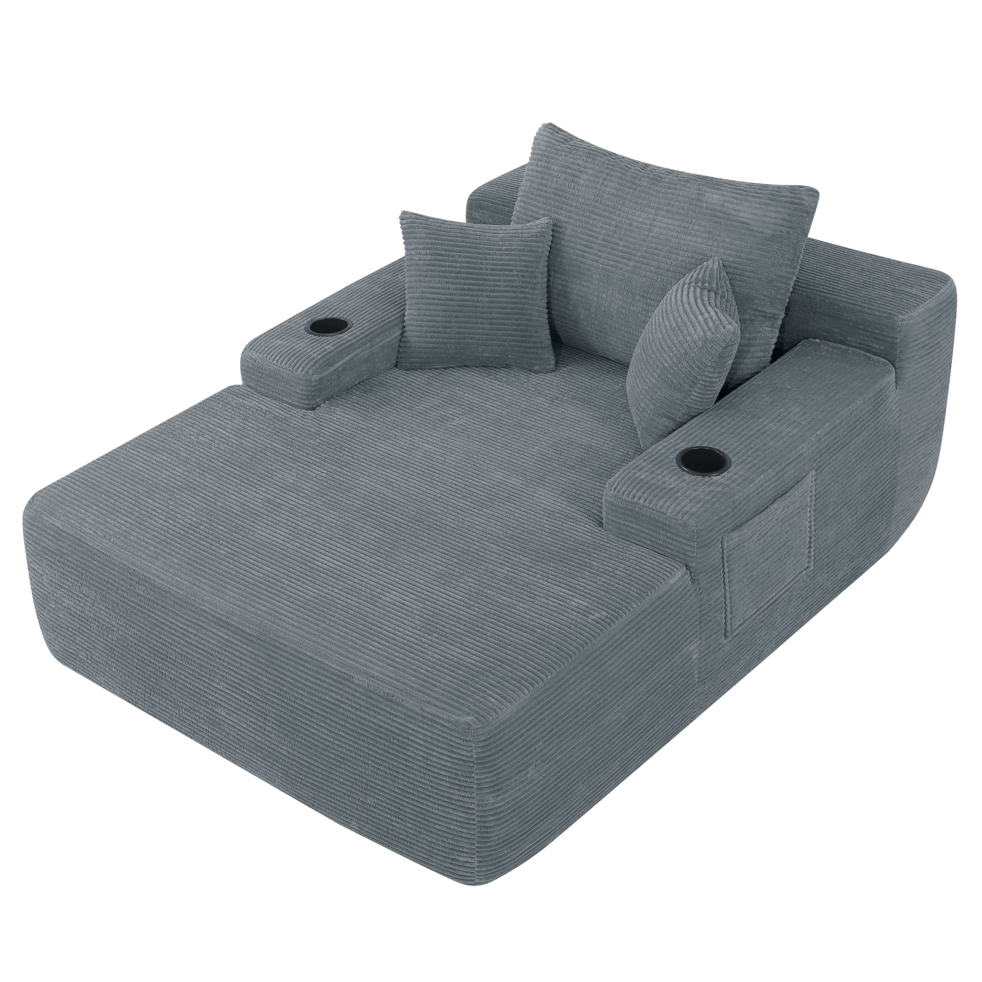 NEW Convertible Chaise Lounge Chair Corduroy with Wide Armrest & Throw Pillows - Grey - detail view 5