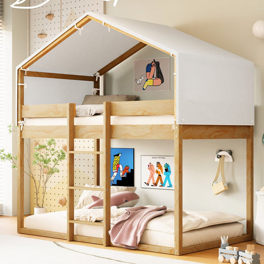 Oliver Twin Over Twin Wood Bunk Bed with Tent, Natural