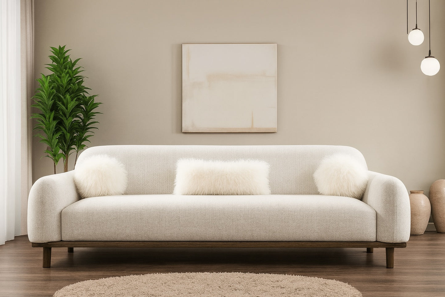 Mellone Mid-Century Modern Oat Chenille Sofa with Driftwood Base & Faux Fur Pillows – Furniture of America