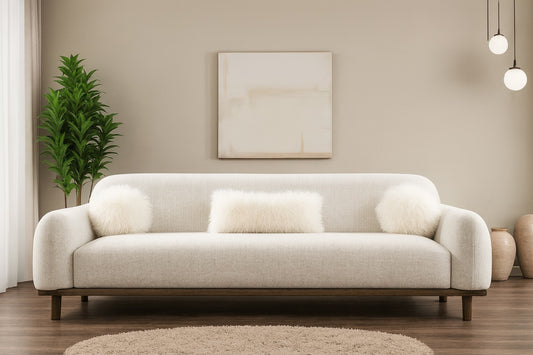 Mellone Mid-Century Modern Oat Chenille Sofa with Driftwood Base & Faux Fur Pillows – Furniture of America