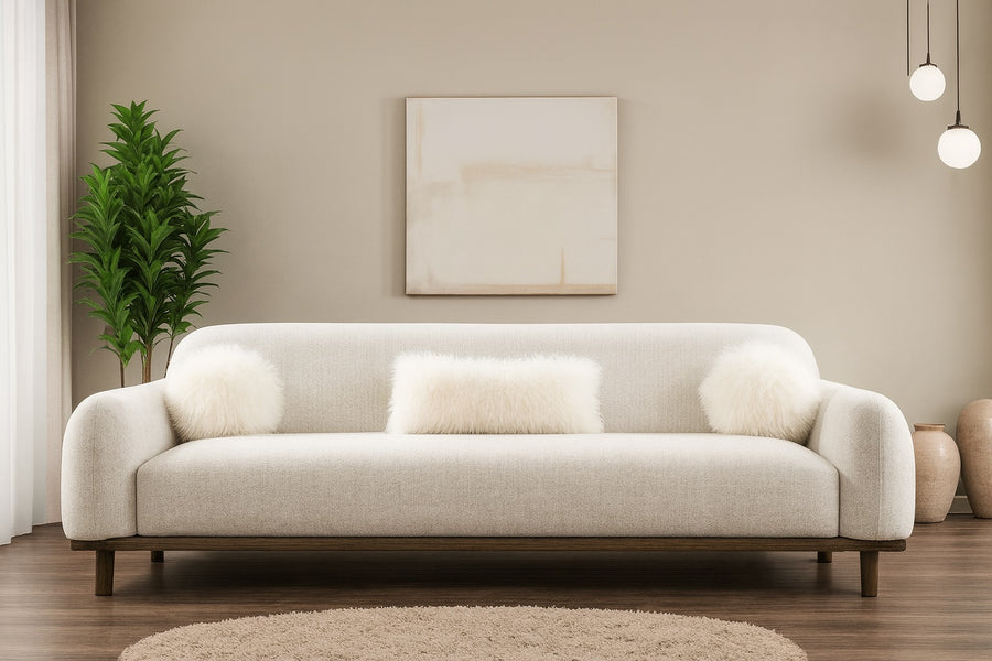 Mellone Mid-Century Modern Oat Chenille Sofa with Driftwood Base & Faux Fur Pillows – Furniture of America