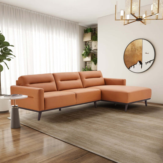 Ella Mid Century Modern L-Shaped Sectional Couch with Cognac Vegan Leather and Solid Wood Frame - detail view 2