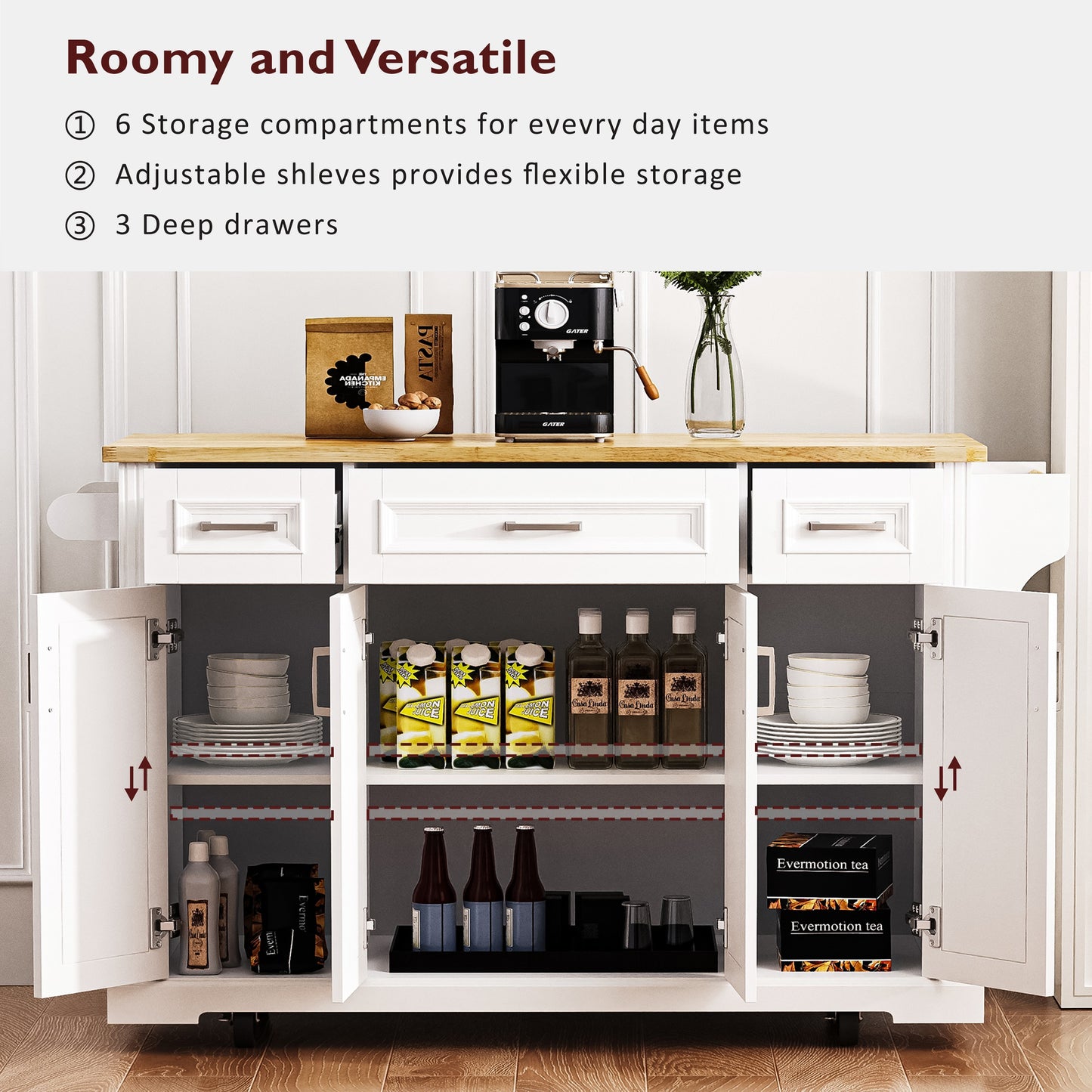K&k 54" Large Kitchen Island with Rubber Wood Drop Leaf - White - detail view 7