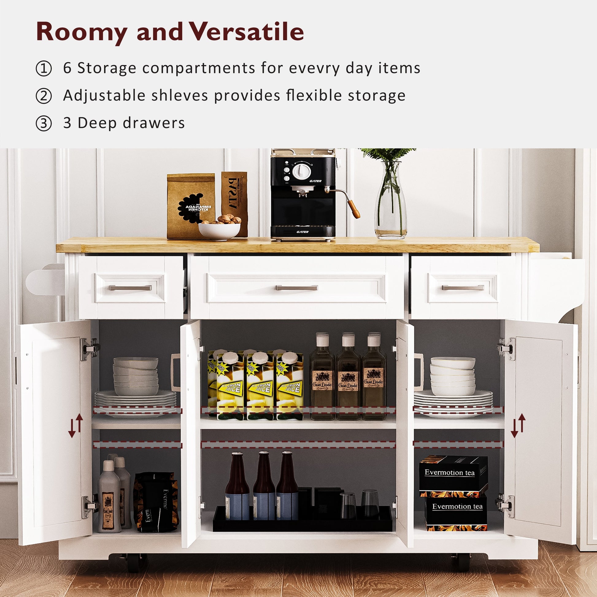 K&k 54" Large Kitchen Island with Rubber Wood Drop Leaf - White - detail view 7
