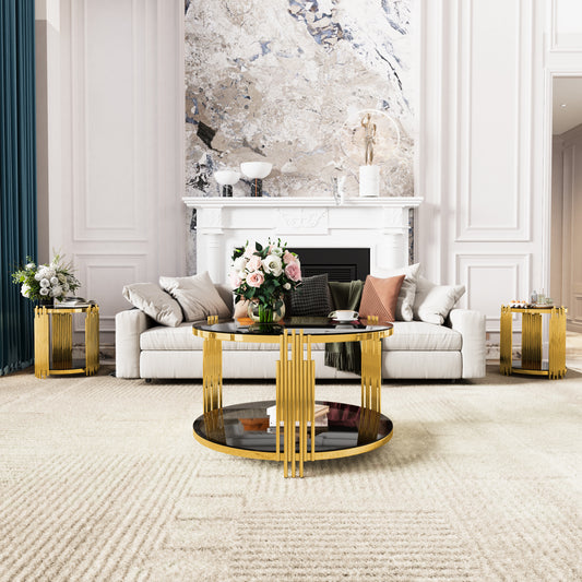 Living Room Table Set of 3 with 1 Coffee Table and 2 End Tables, Round, Tempered Glass, Asymmetrical Metal, Gold Finish & Lower Shelf, 31.5'