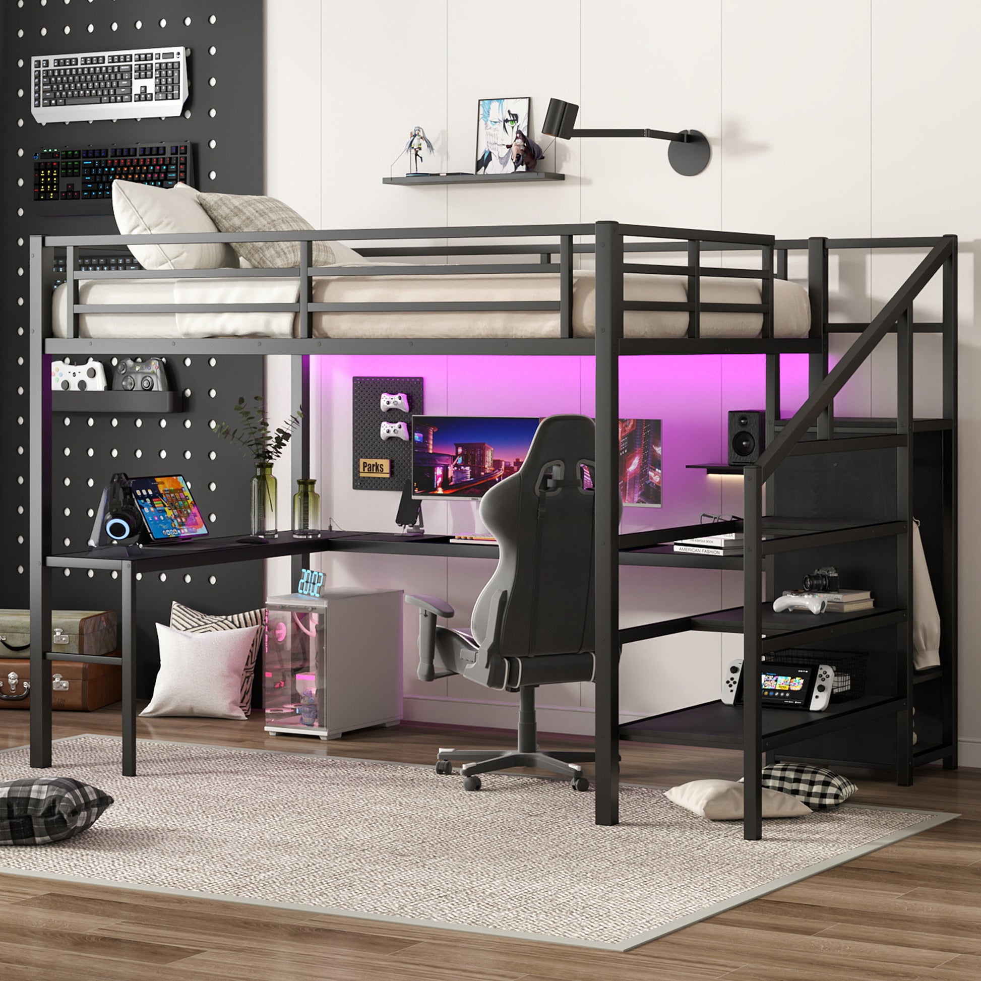 Queen Size Loft Bed with L-Shaped Desk and USB - Black - detail view 2