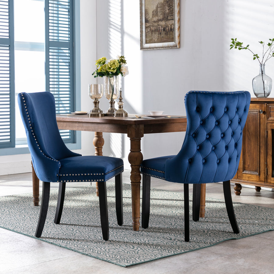 Blue Velvet Nailhead Trim Dining Chairs with Wood Legs (Set of 2)