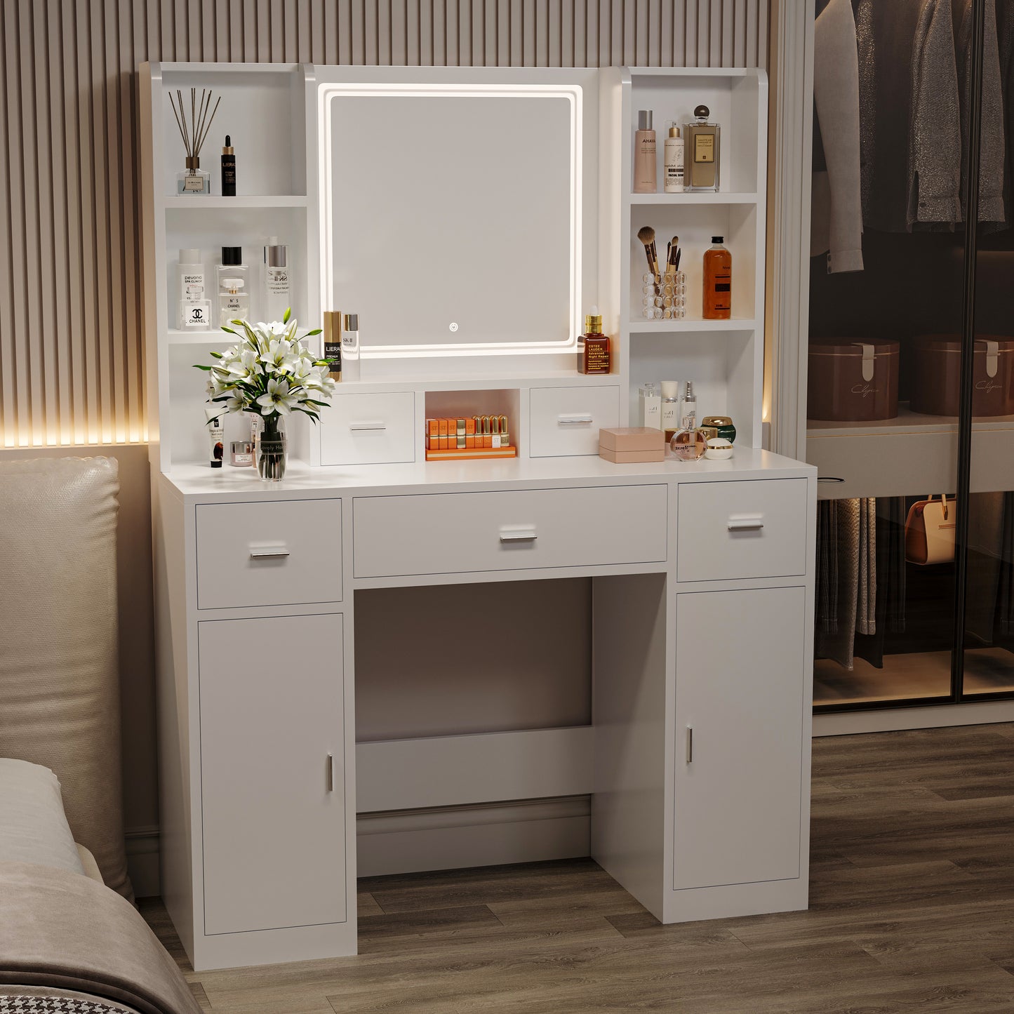 Senter Modern Bedroom Vanity Set with LED Mirror, White