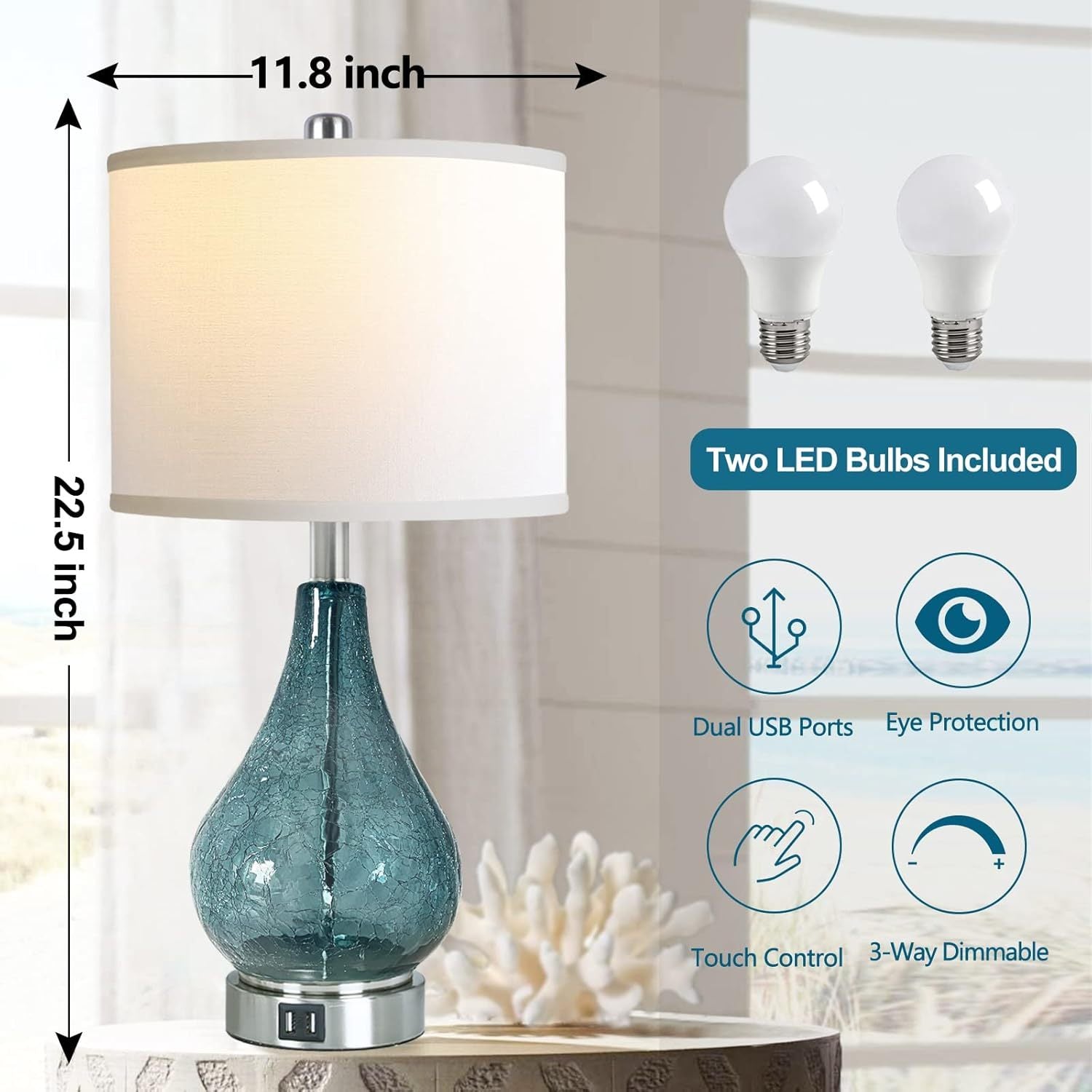 Set of 2 Blue Glass Table Lamps with 3-Way Dim
