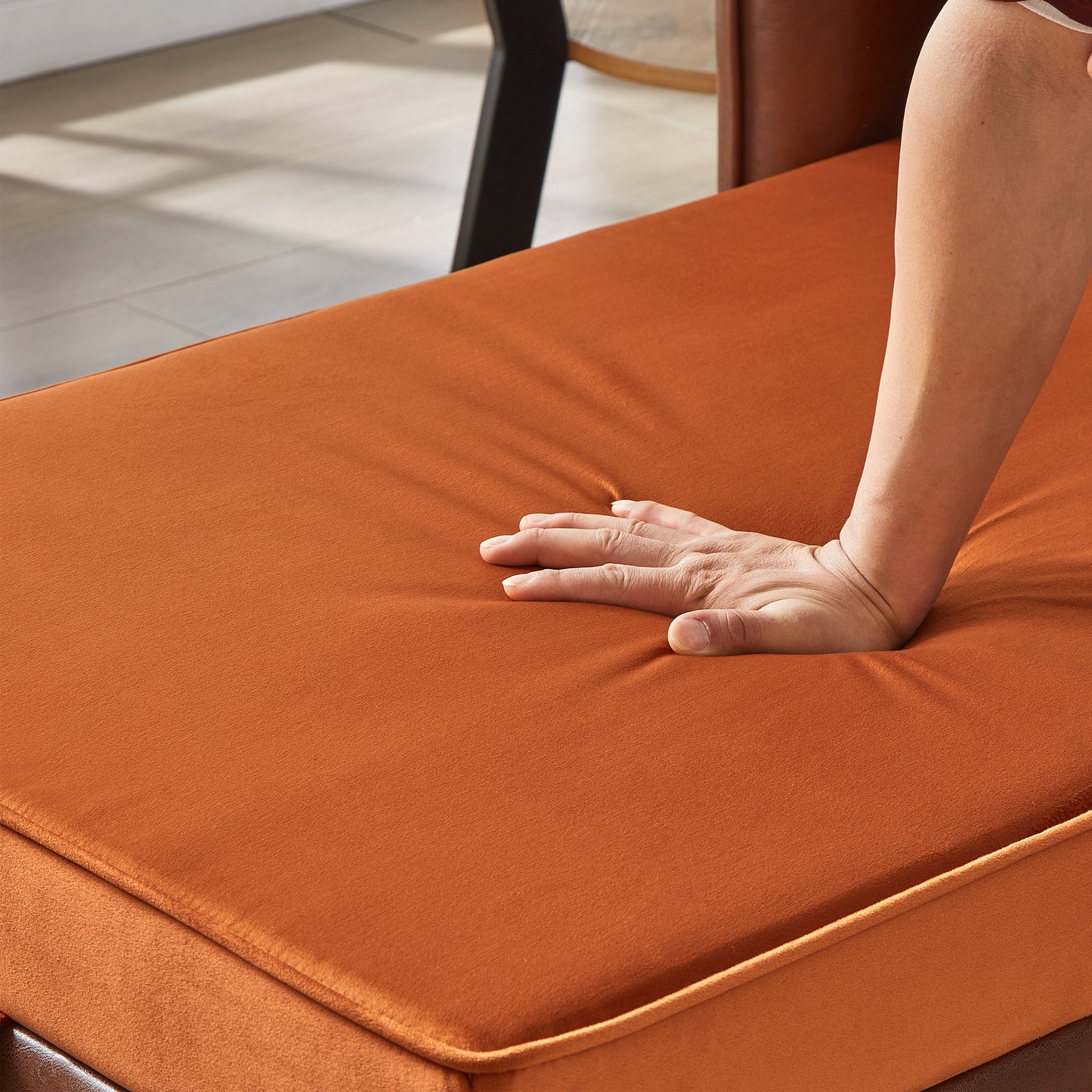 65" Storage Chaise Lounge Sofa Brown PU & Orange Velvet - detail view 5