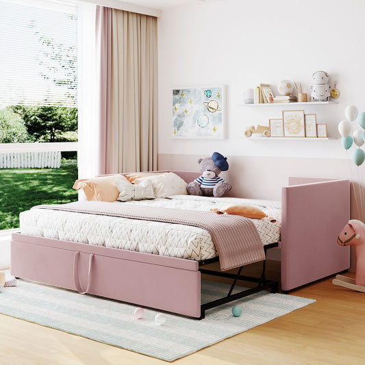 Alaric Twin Size Upholstered daybed with Pop Up Trundle, Pink