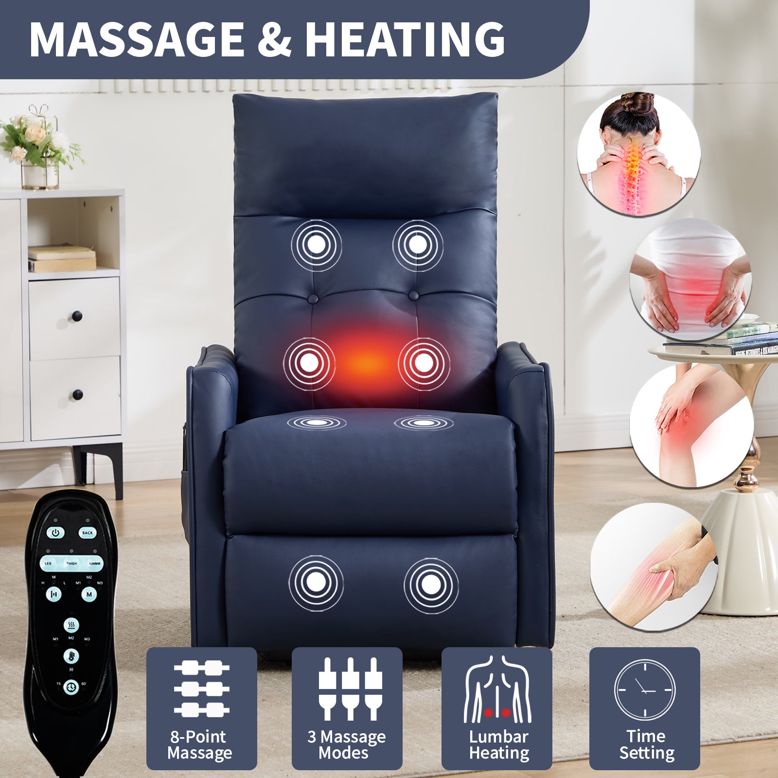 Deep Blue PU Single Motor Power Lift Recliner Chair with Massage and Heat for Elderly - detail view 6