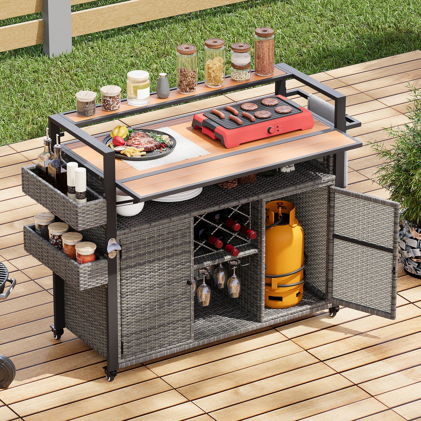 K&k 52.8'w Wicker Outdoor Grill Cart with Extended Plastic Wood Table Top - Grey - detail view 2
