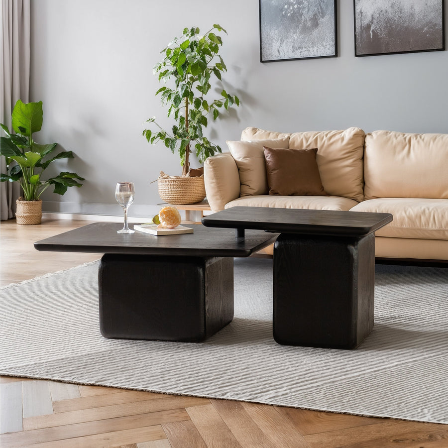 Vintage Style Square Coffee Table Set with Wood Grain Finish - Black - detail view 2