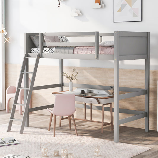 Solid Wood Twin Size Loft Bed with Ladder(gray) - primary color shot