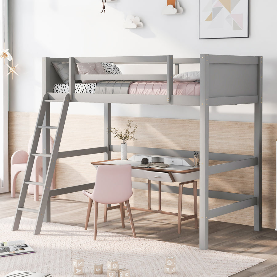 Solid Wood Twin Size Loft Bed with Ladder(gray) - primary color shot