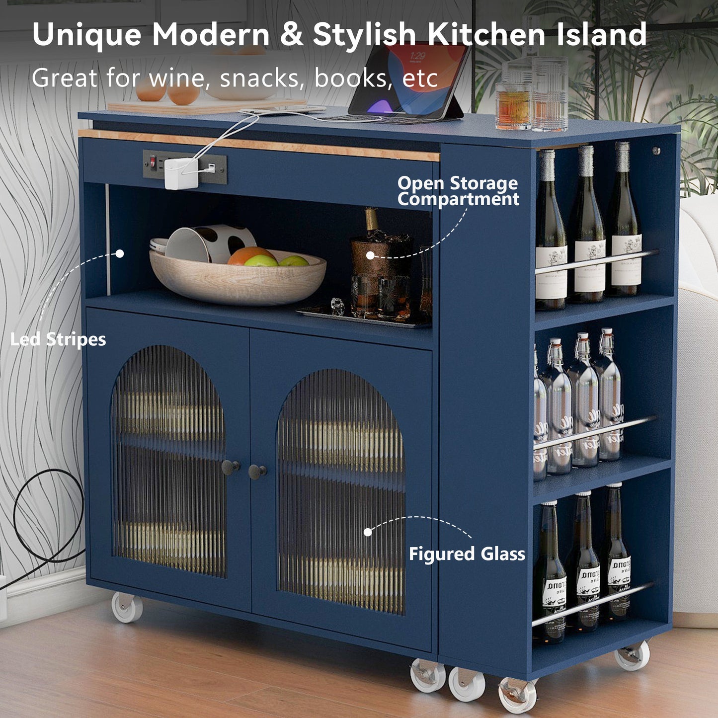 K&k Rolling Kitchen Island with Extended Table - Navy & Blue - detail view 7