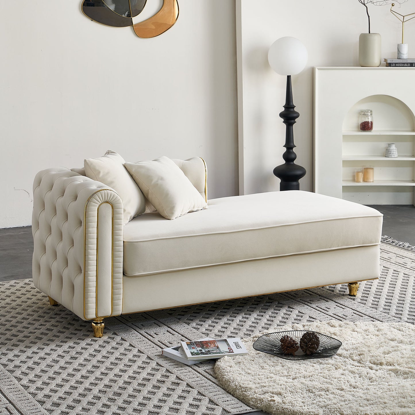 67" W Velvet Chaise Lounge - Beige - detail view 6
