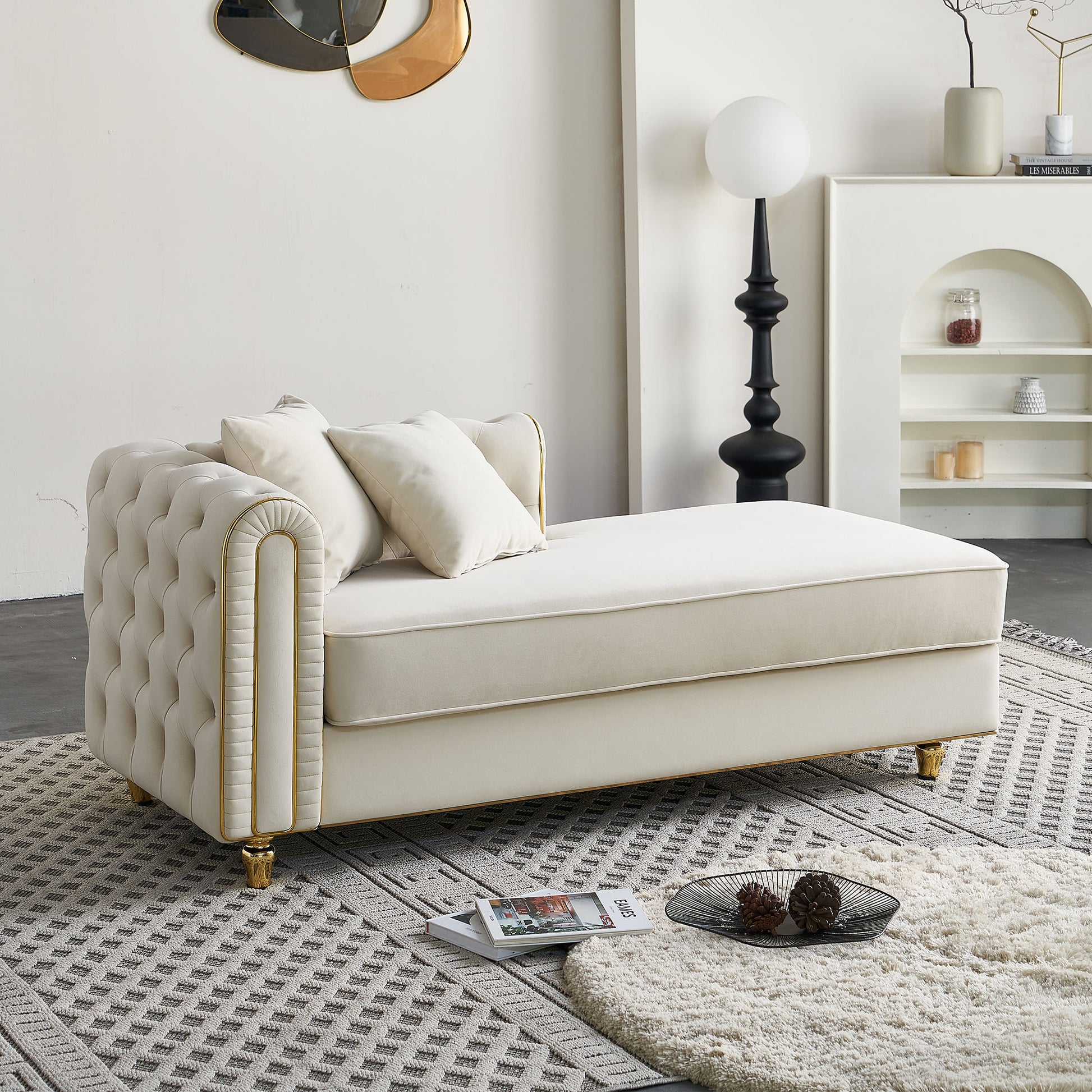 67" W Velvet Chaise Lounge - Beige - detail view 6
