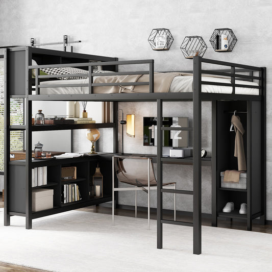 Metal Loft Bed with Wardrobe and L-Shaped Desk - Black - primary color shot