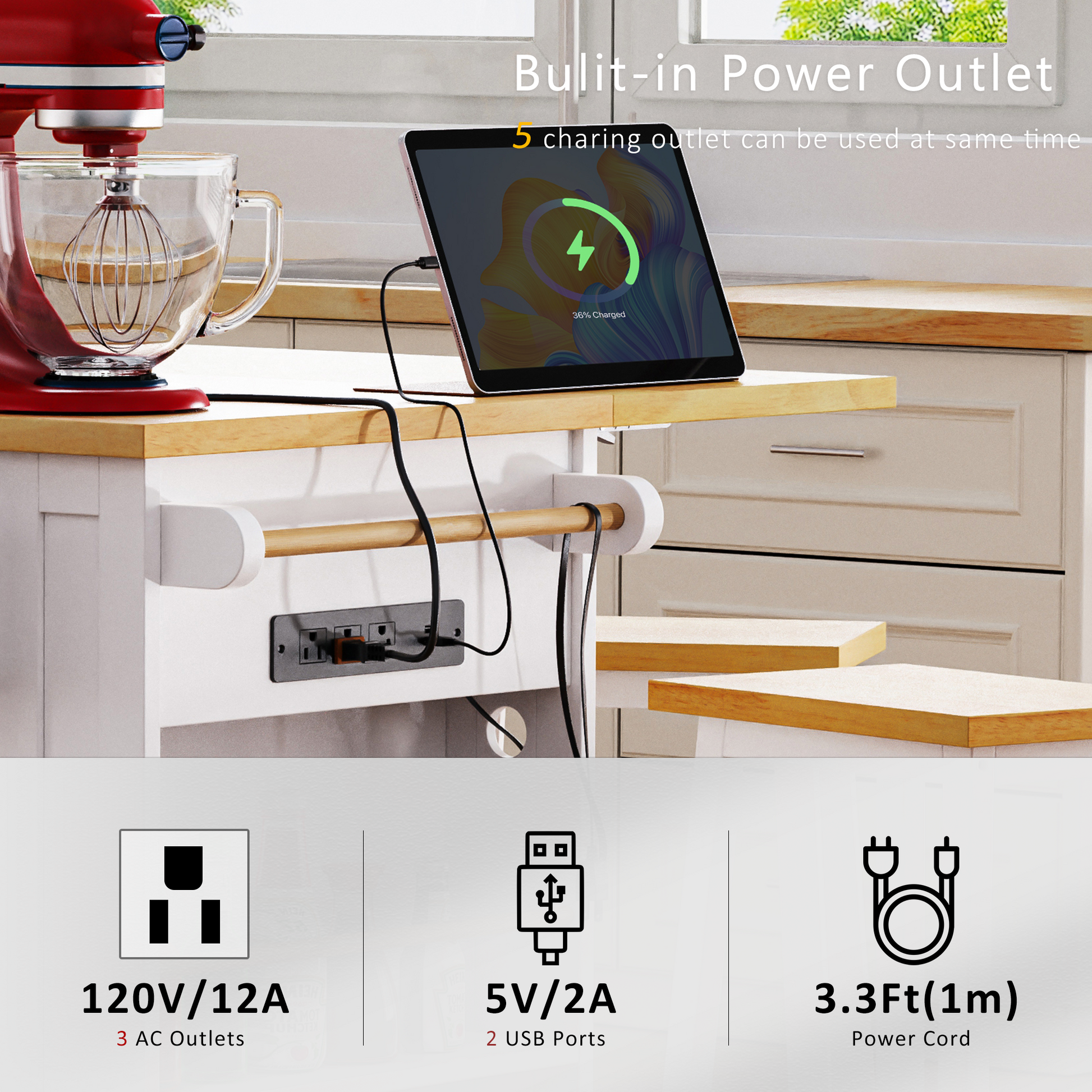 K&k 53" Large Kitchen Island with 2 Bar Stools - White - detail view 7