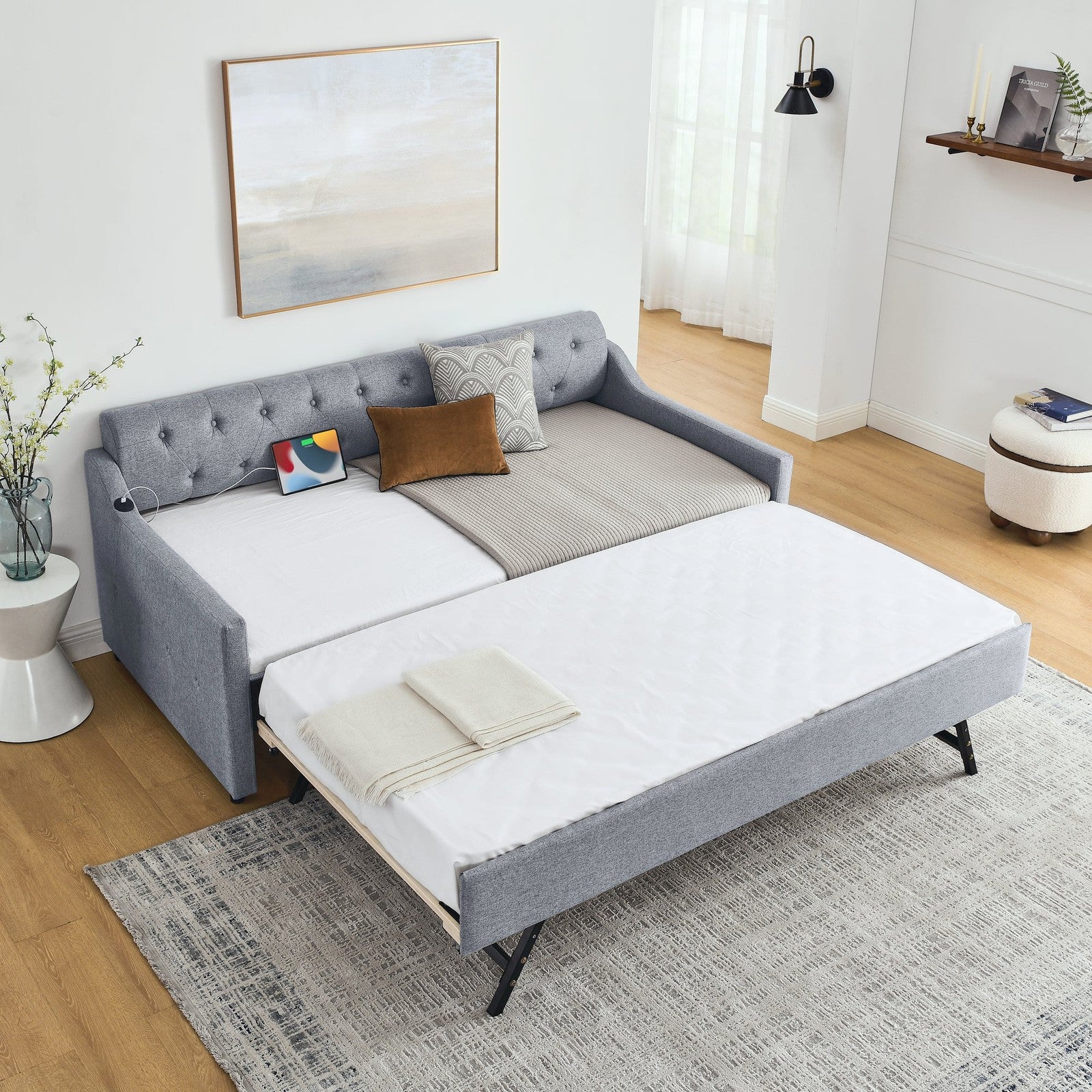 Piper Twin Size Linen Daybed with Pop-up Trundle, Gray