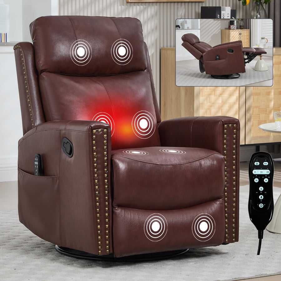 Wine Red Genuine Leather Heat Massage Manual Recliner Chair with Rocker and Swivel - primary color shot