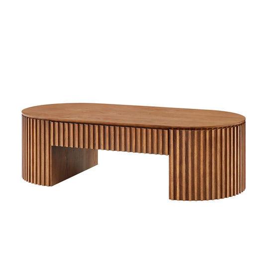 51.18'' Oval Wood Coffee Table with Drawer Mid Century Modern Coffee Table Unique Coffee Table - Brown - primary color shot
