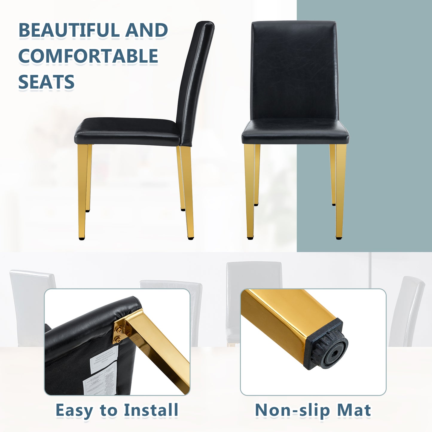 Black PU Leather Dining Chairs with Gold Legs (set of 2) - detail view 8