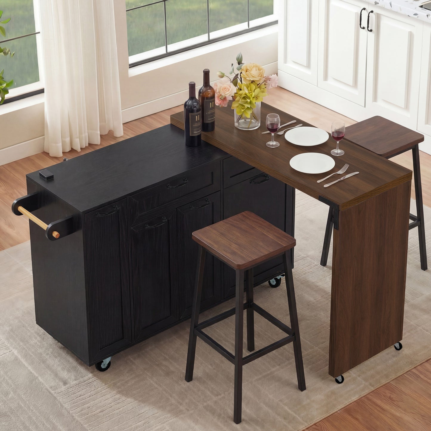 K&k 102.3' Kitchen Island with Extendable Dining Table - Black - detail view 3
