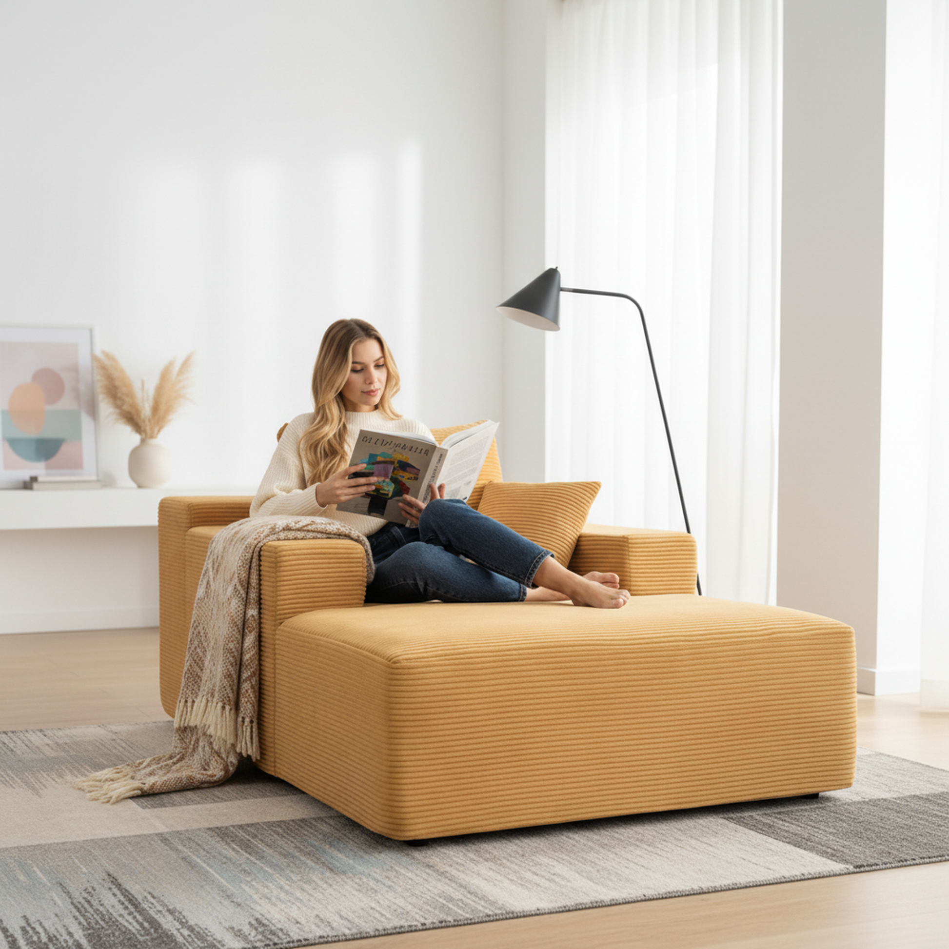 Convertible Chaise Lounge Chair Indoor – Oversized Corduroy Couch with Wide Armrest & Throw Pillows - Yellow - detail view 6
