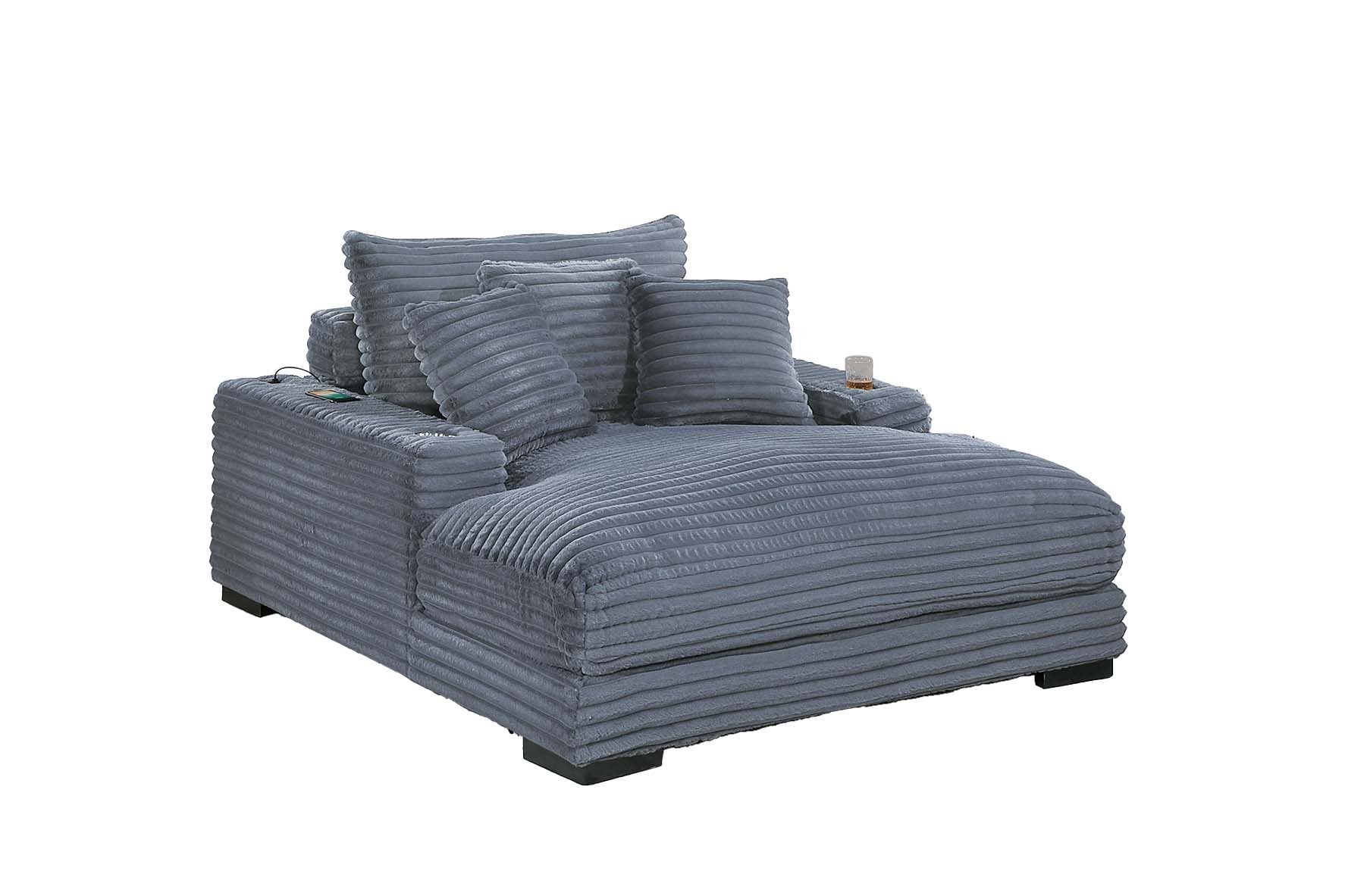 Modern Chaise Lounge W 2/ Cup Holders USB Ports Gray Color Corduroy Wooden Legs Pillows Plush Couch Sofa Chaise - detail view 2