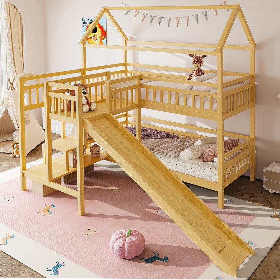 Twin House-Shaped Bunk Bed with Slide - Natural - primary color shot