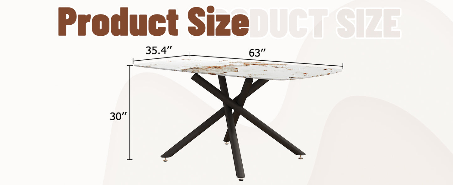 63" Luxurious White Marble-Patterned Tempered Glass Dining Table.single Fork Black Metal Table Legs.tempered Glass Table Top - detail view 7