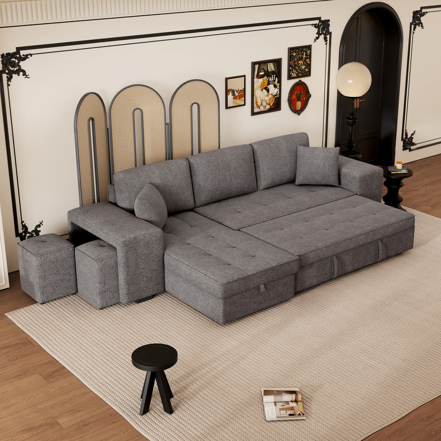 104.5' Modern L-Shape 3 Seat Reversible Sectional Couch, Pull Out Sleeper Sofa with Storage Chaise and 2 Stools for Living Room Furniture - primary color shot