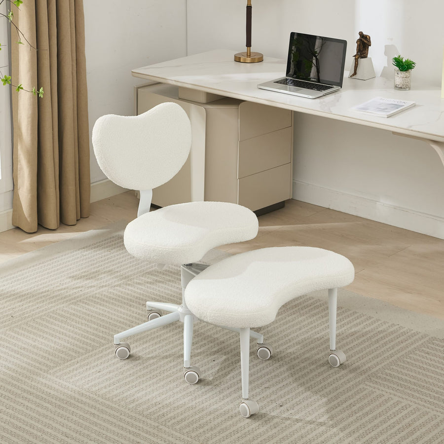 Ivory Boucle Office Chair with Wood Legs
