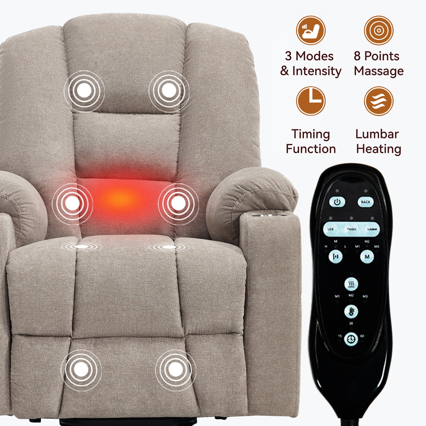 Power Lift Recliner Chair with Massage and Heat for Elderly - Khaki - detail view 6