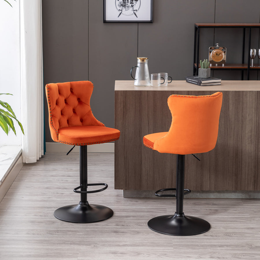 Orange Velvet Tufted Nailhead Trim Bar Stool (Set of 2)