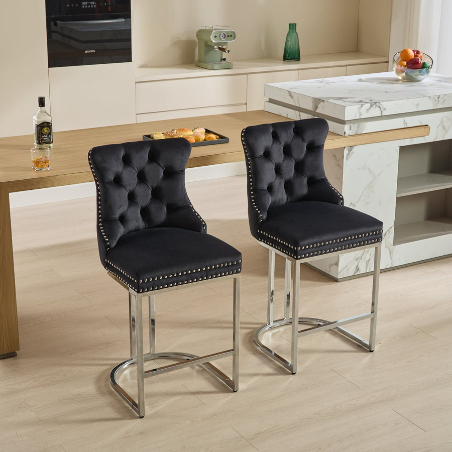 Black Velvet Tufted Counter Height Stool with Silver Legs (Set of 2)