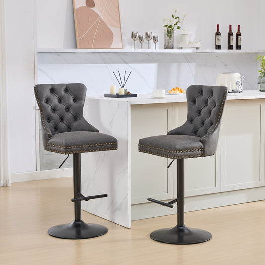 Black PU Leather Tufted Bar Stool with Black Legs (Set of 2)