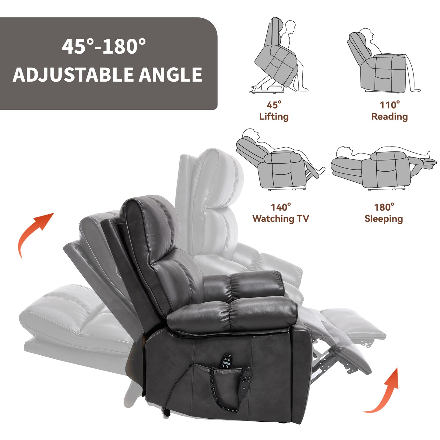 Dark Grey Leatheraire Heat Massage Dual Motor Infinite Position Up to 350 LBS Large Electric Power Lift Recliners with Hidden Cup Holders - detail view 5