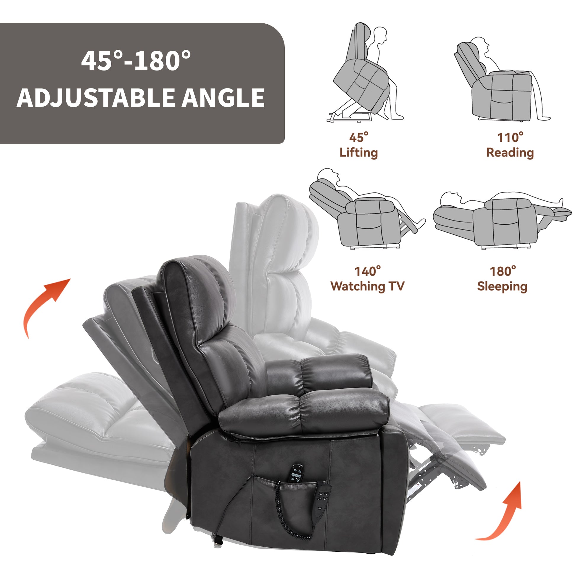 Dark Grey Leatheraire Heat Massage Dual Motor Infinite Position Up to 350 LBS Large Electric Power Lift Recliners with Hidden Cup Holders - detail view 5