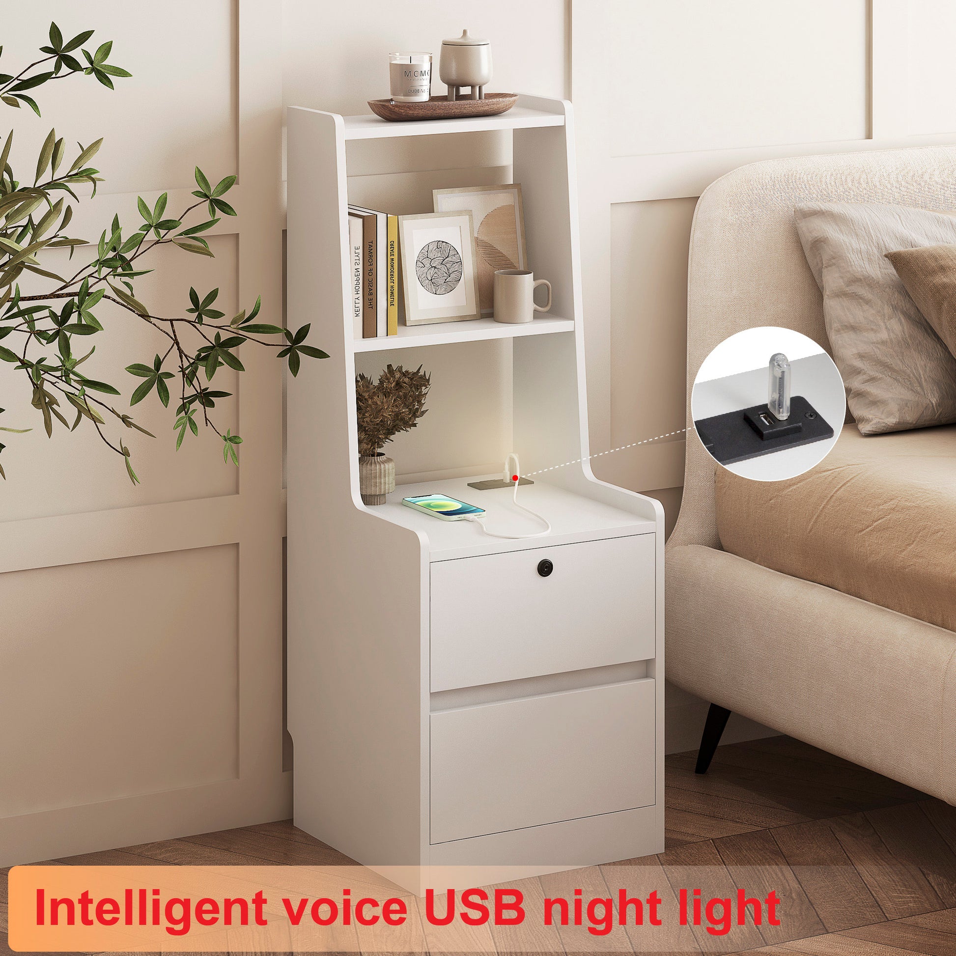 Nightstand with Charging Station - White - detail view 4