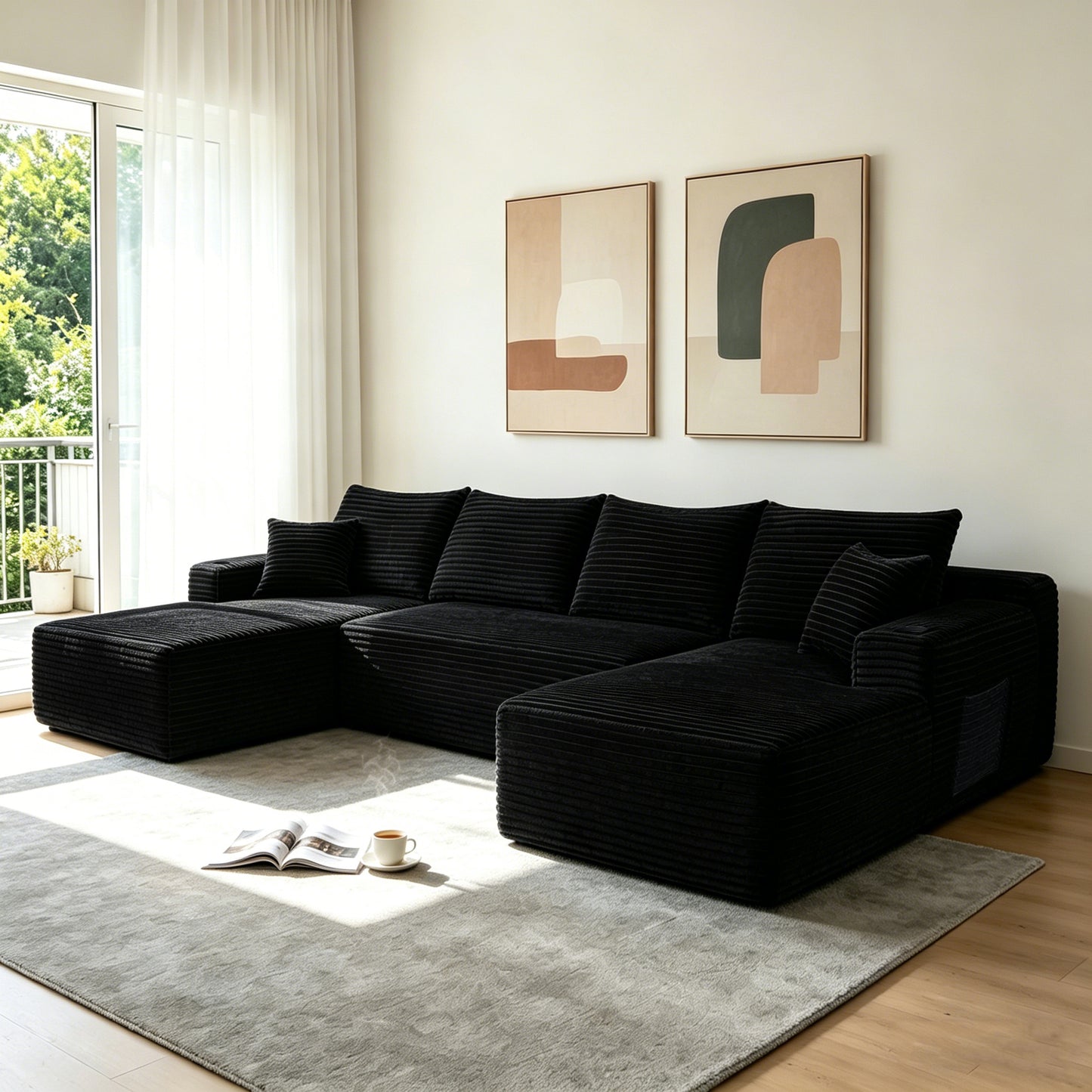 134" Cloud Sectional with U-Shape Chaise & Side Pockets & Cup Holder - Black - primary color shot