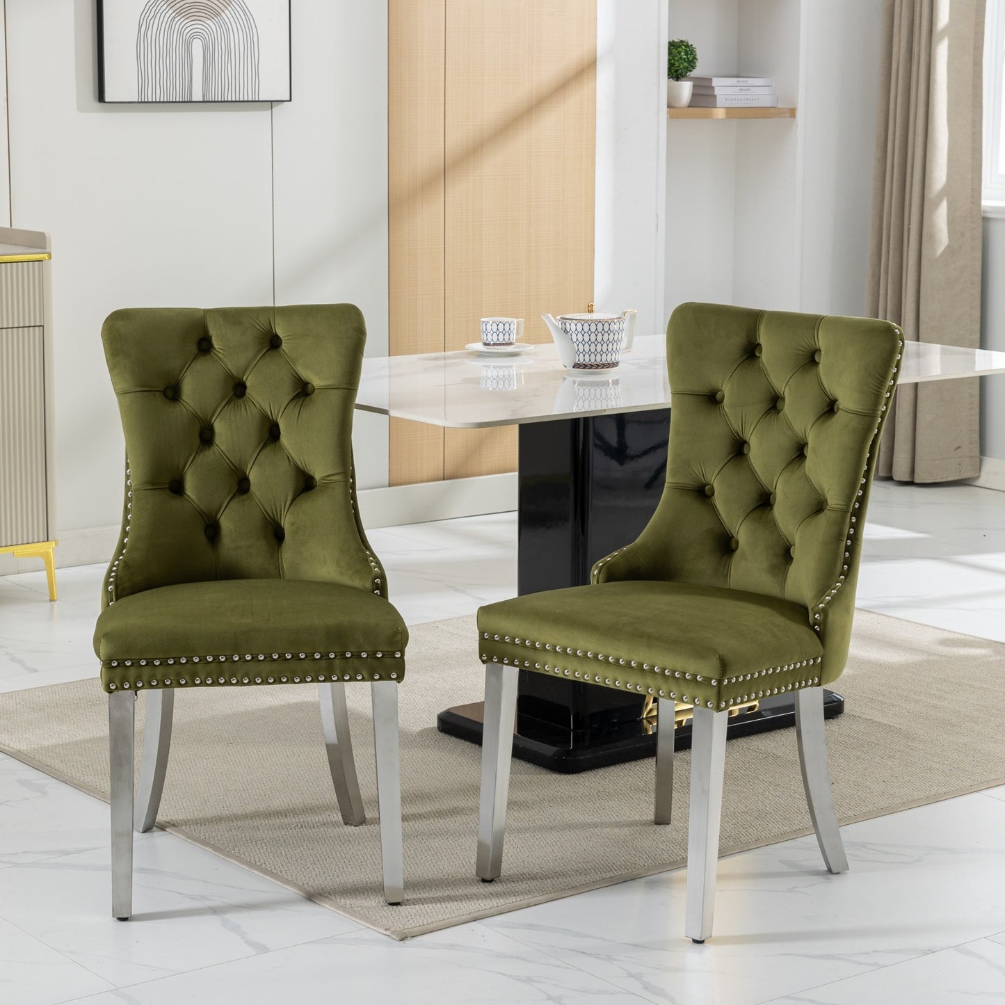 Niki Modern Velvet Side Chair with Nailhead Trim & Silver Leg Set of 2 Olive