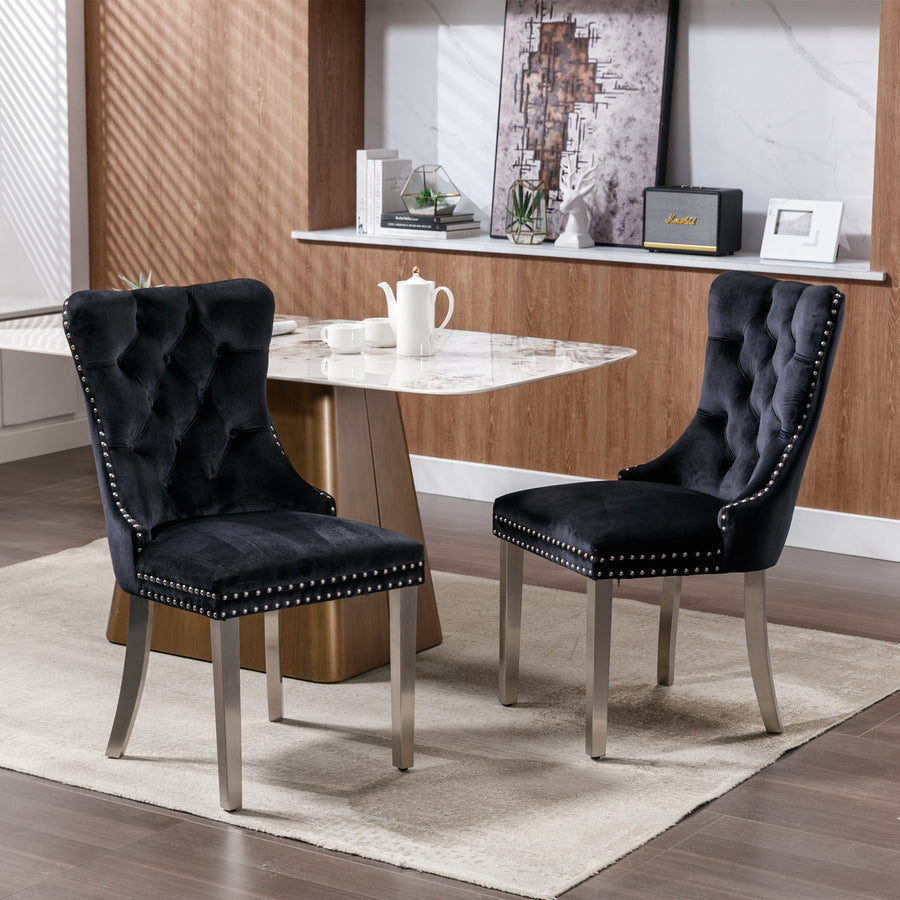 Black Velvet Tufted Nailhead Trim Dining Chairs with Brushed Silver Legs (Set of 2)