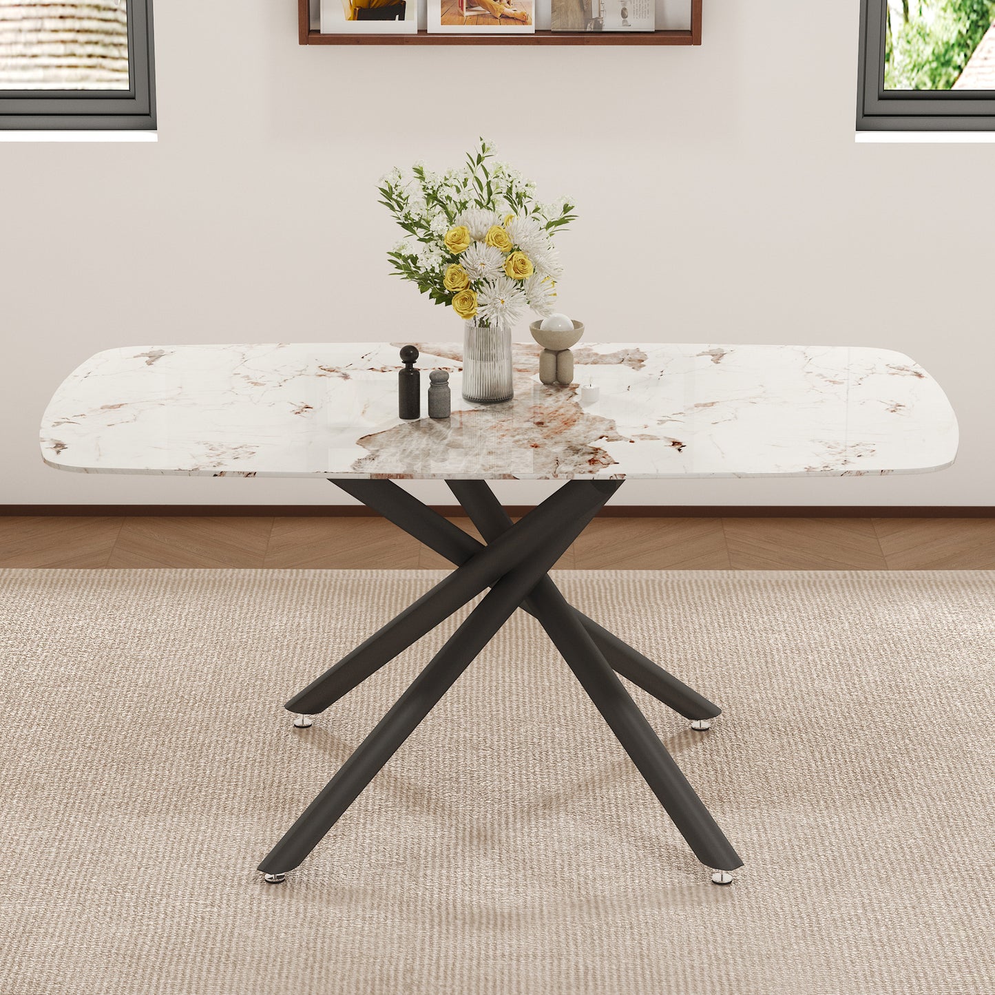 63" Luxurious White Marble-Patterned Tempered Glass Dining Table.single Fork Black Metal Table Legs.tempered Glass Table Top - detail view 2